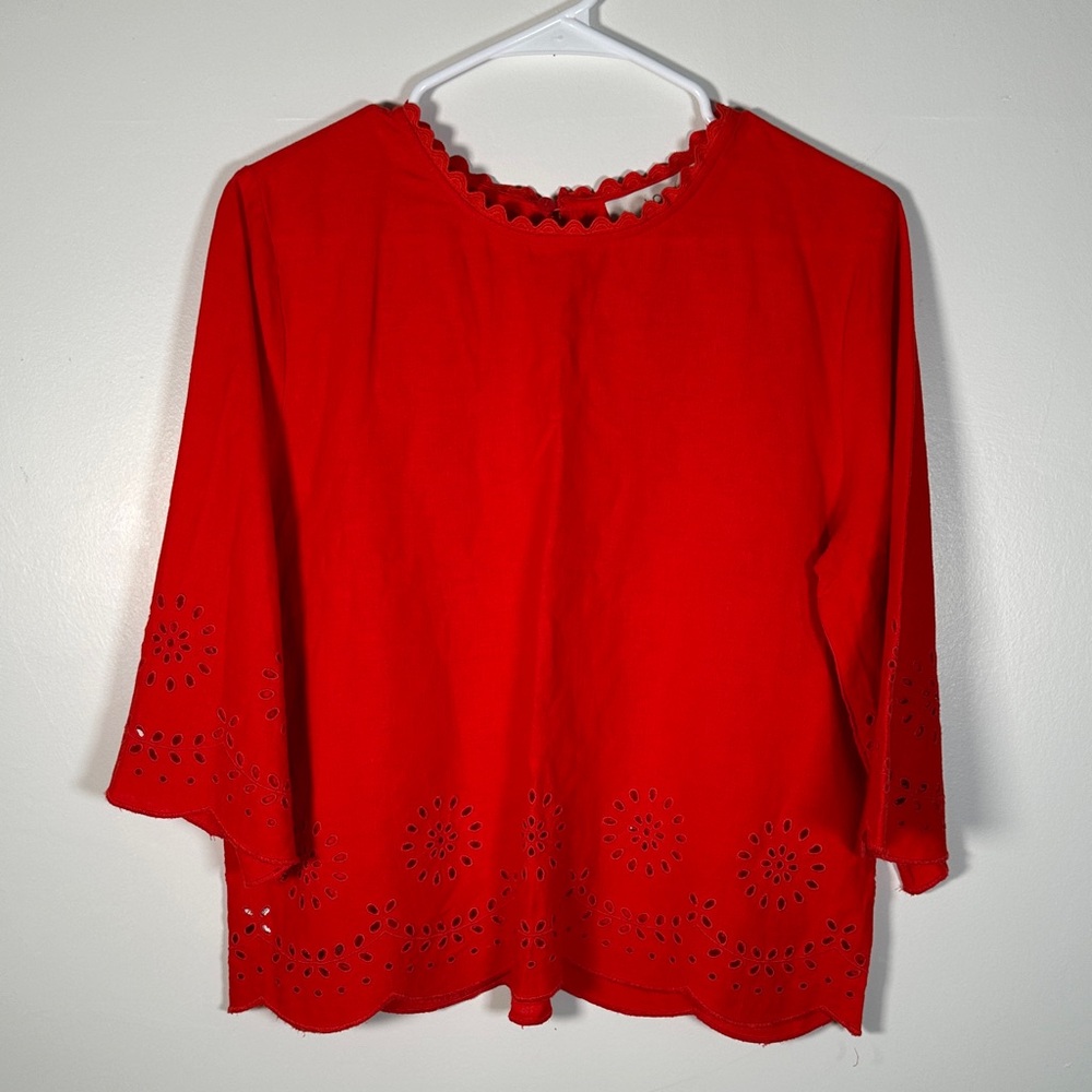 LOFT Red Linen Blend Eyelet Blouse Size M Scalloped Hem Summer Top Chic